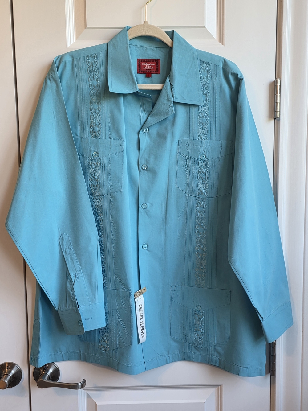 Maximos USA Yucatan Men's L Turquoise Guayabera Embroidered Long Sleeve Shirt